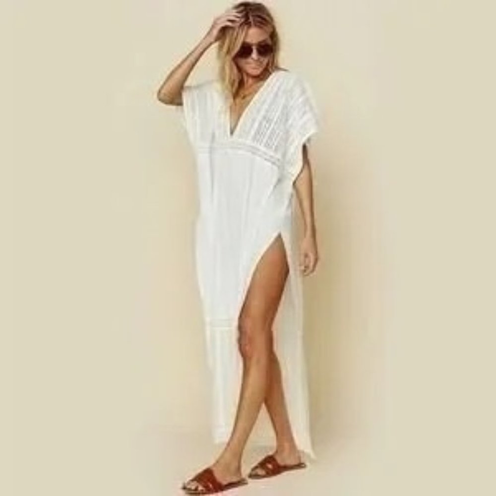 Boho White Caftan Beach Swim Coverup Maxi Dress